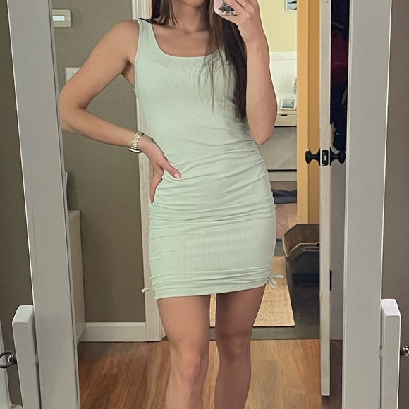 Sage Green Ribbed Drawstring Dress - Picture 1 of 4